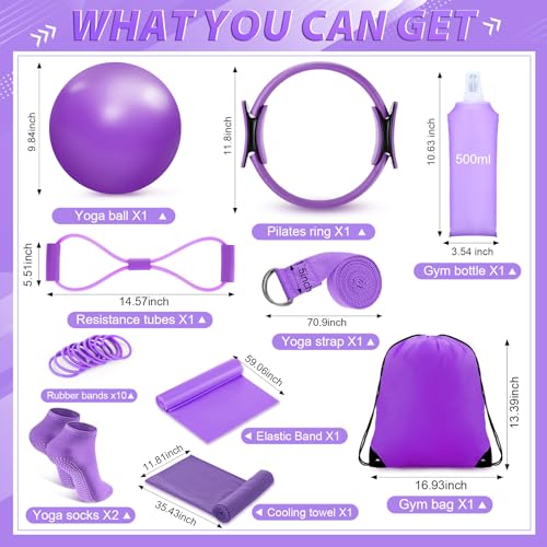 Halloscume 24 Pcs Pilates Kit, Home Pilate Equipment for Women, Pilates Ring and Ball Set with Stretching Strap, Water Bottle, Magic Circle, Yoga Ring, Gym Bag, Resistance Band, Anti Slip Sock - color: Purple