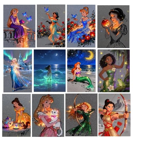 12 Pack Glowing Diamond Art Kits for Adults, Disiney Glowing Princess Diamond Painting Kit for Adults and Kids, Full Round Drill Diamond Art Paintings Diamond Dot Gem Art Home Wall Decor (Multicolor 1 - color: Multicolor 1