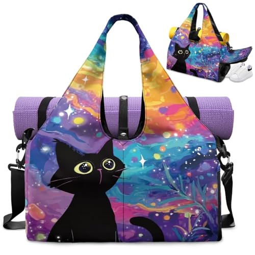 Gym Bag with Yoga Mat Holder Large Tote Bag With Multi Pockets for Women Men Dry Wet Separated Pocket Carryall Yoga Tote Bag for Pilates Travel Workout Office - color: Cosmic Starry Sky