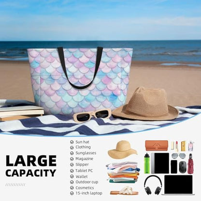 Large Beach Bag for Women Waterproof Foldable Travel Shoulder Tote Bag with Pocket for Weekender Pool Vacation - color: Fish Purple
