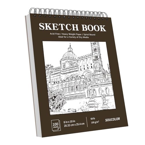 Soucolor 8x10 Sketch Book, 100 Sheets, 68lb Acid-Free Spiral Bound Pad | 68lb acid-free paper, no bleed-through, lay-flat spiral binding — perfect for kids, students & artists. Portable 8x10 size - color: Brown, size: 8" x 10" (Pack of 1)
