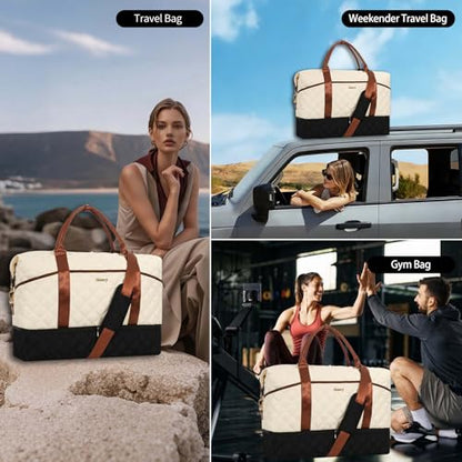 Weekender Bag, Large Travel Duffel Bag for Women, Carry on Overnight Bag with Shoe Compartment and Toiletry Bags - color: G-3PCS Beige Black Brown