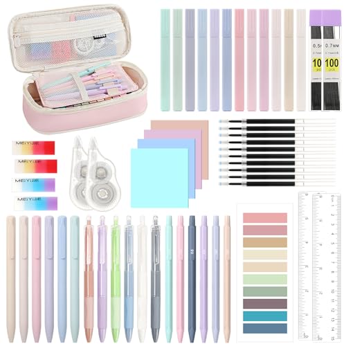 MoKo Pencil Case with Supplies, 56Pcs Aesthetic School Set, Pink | Includes 12 gel pens, 12 highlighters, 6 mechanical pencils, refills, sticky notes, index tabs, rulers and correction tapes. - color: Pink-56P