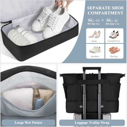 Gym Bag for Women, 45L Carry On Travel Duffel Bag with Shoes Compartment - color: Black, size: Large