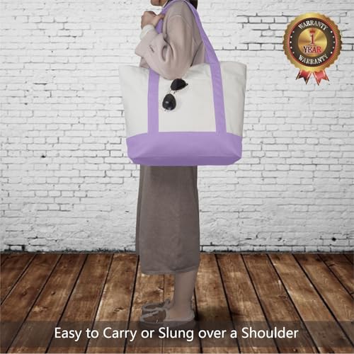 TOPDesign 1-Pack Canvas Tote Bag with an External Pocket, Reusable Grocery Shopping Bag, Top Zipper Closure, Daily Essentials (Lavender/Natural) - color: Lavender/Natural