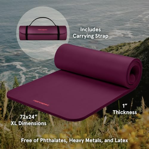 Retrospec Solana Yoga Mat 1" Thick w/Nylon Strap for Men & Women - Non Slip Exercise Mat for Home Yoga, Pilates, Stretching, Floor & Fitness Workouts - color: Boysenberry