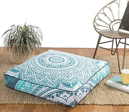 Popular Handicrafts Floor Pillow Cushion Cover - Hippie Mandala Square Ottoman Pouf Cover Indian Ombre Daybed Cotton Cushion Cover with Heavy Duty Zipper - Dog-Pets Bed, 22" Green Grey - color: Green and Grey, style: 22 Inchx 22 Inch Square Pillow cover
