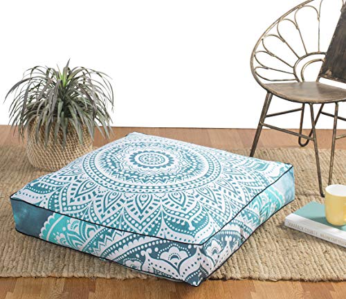 Popular Handicrafts Floor Pillow Cushion Cover - Hippie Mandala Square Ottoman Pouf Cover Indian Ombre Daybed Cotton Cushion Cover with Heavy Duty Zipper - Dog-Pets Bed, 22" Green Grey - color: Green and Grey, style: 22 Inchx 22 Inch Square Pillow cover