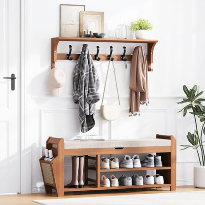 PETKABOO 39.4" Bamboo Shoe Rack Bench with Coat Rack, 3-Tier Entryway Bench with Thick Cushion, Flip-Top & Side Baskets, Holds Up to 550 LBS for Hallway, Living Room, Bedroom - color: 39.4" with Hook