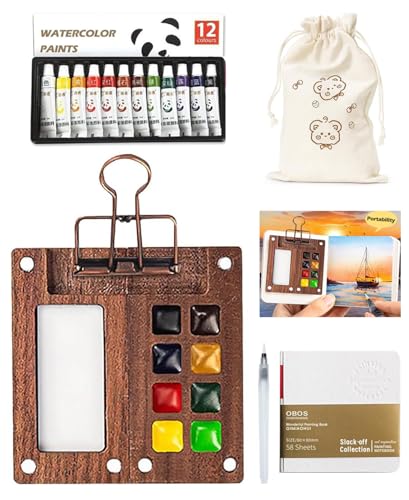 Pocket Artist Watercolor Travel Paint Palette, Mini Wooden Kit with Clip | 12 Colors 8 Grid Portable Painting Box for Artists, Painters & Students, Micro Palette Holder for Outdoor Sketching - color: 12 Colors 8 Grid Set