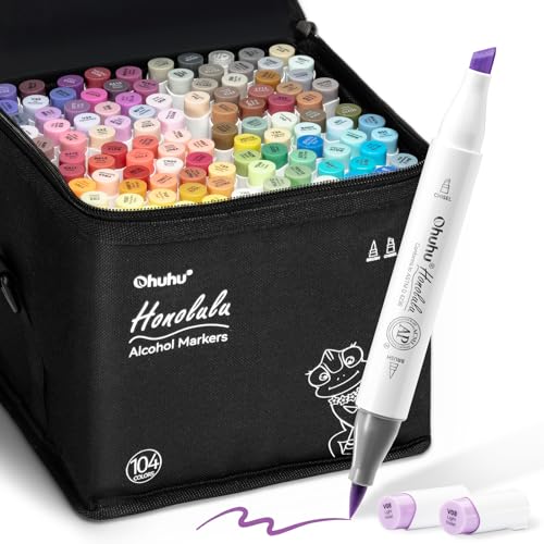 Ohuhu Alcohol Markers 104 Colors Brush& Chisel for Adults Cozy Coloring | AP Certified Refillable Art Marker, Dual Tips Alcohol-based for Artists Beginners Drawing Illustration Sketching, Honolulu - style: Brush & Chisel
