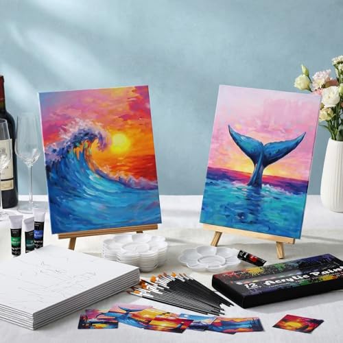 Ctosree 72 Pcs Natural Scenery Paint and Sip Kit for Adults 8'' x 10'' Pre Drawn Canvas for Painting DIY Pre Printed Canvas for Party Favor Afro Acrylic Painting Kit Wood Easel Brushes Bulk - style: Natural Scenery