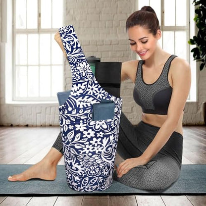 Yoga Mat Bag Carrier for Women with Side Large Pocket Durable Linen Workout Gym Travel Storage Pilates Mats - color: Chinoiserie