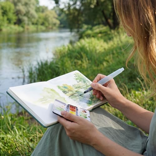 Watercolor Sketchbook 6.5" x 6.5" - 100% Cotton, 24 Sheets, Cold Press 140 lb / 300 GSM Watercolor Journal with Wide Elastic Band - Ideal for Plein Air Painting, Ink & Mixed Media - color: Green