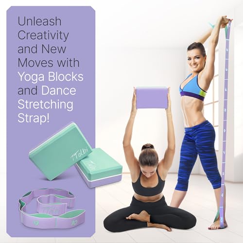 Yoga Blocks 2 Pack with Strap and Guide – Soft Non-Slip EVA Foam Blocks | High-Density Pilates Blocks for Home Workouts, Dance, Ballet, Gymnastics & Stretching Exercise, Dance Accessories and Gifts - color: Mint/Purple & Stretch Band Purple