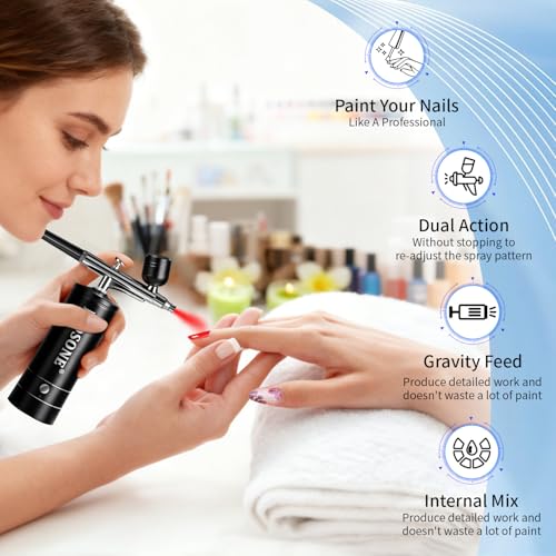 JODSONE Airbrush Kit Rechargeable with Spray Compressor 3 Air Pressure Adjustment Cordless Air Brush for Nail Art Makeup Cake Decorating and Model Painting Black