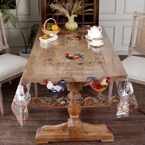 Clear Table Cover Protector Rooster Vinyl Table Cloth, 60"x84" | Dining Room, Kitchen Meals, Tabletop Protection, Easy Cleanup, Brunch, Parties, Holiday Gatherings, Everyday Use - color: Roosters, size: 60" x 84" (Rectangular)