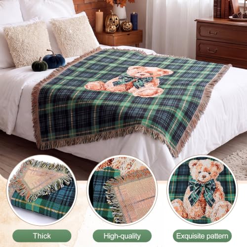 Moukeren 60 x 50 Inch Tartan Plaid Bear Baby Woven Tapestry Throw Blanket Green Blue Scottish Tartan Throw Blanket with for Office Bed Living Room Bedroom Sofa Chair Couch Crib - style: Tartan Plaid Bear Baby