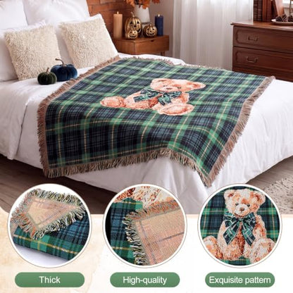 Moukeren 60 x 50 Inch Tartan Plaid Bear Baby Woven Tapestry Throw Blanket Green Blue Scottish Tartan Throw Blanket with for Office Bed Living Room Bedroom Sofa Chair Couch Crib - style: Tartan Plaid Bear Baby