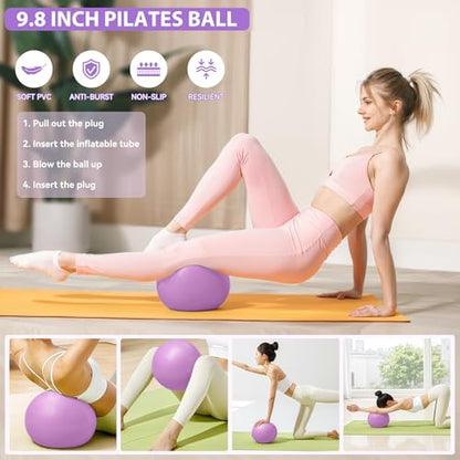 HASHMUST Pilates Ring Kit 12 PCS for Women, Home Workout Equipment with Magic Circle, Mini Exercise Ball, Resistance Bands, Massage Lacrosse, Yoga Strap, Full-Body Fitness Set for Toning & Gift - color: Purple
