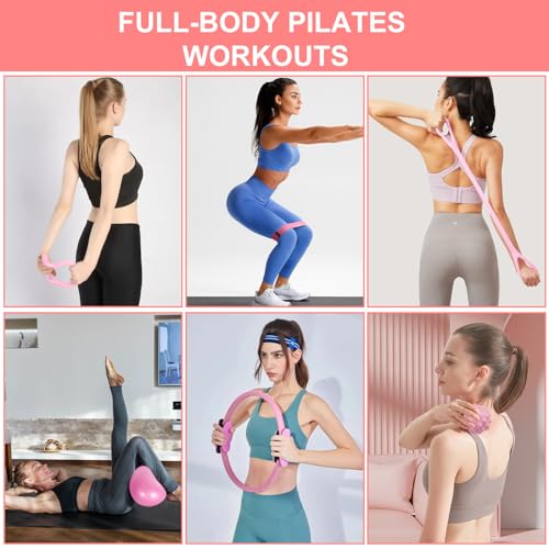 Pilates Ring Set with Resistance Bands– Anti-Slip Magic Circle Pilates Ring for Home Workouts, Full-Body Toning, Strength Training for Women 14PCS - color: Pink