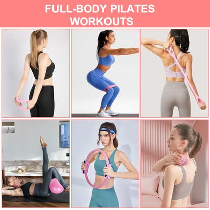 Pilates Ring Set with Resistance Bands– Anti-Slip Magic Circle Pilates Ring for Home Workouts, Full-Body Toning, Strength Training for Women 14PCS - color: Pink