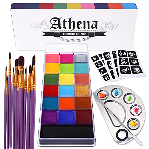 UCANBE Athena Face Body Paint Oil Makeup Set, 20 Colors FX Halloween Party Painting with Stainless Steel Mixing Palette and Spatula Tool,10 pcs Artist Paintbrushes,Tattoo Stencil Arts Crafts kit - color: All in one kit