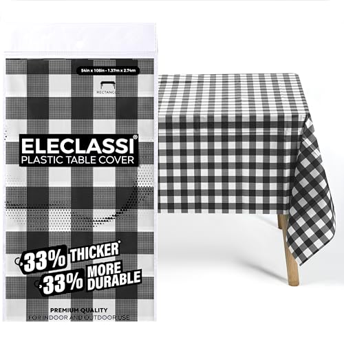 Eleclassi Black Gingham Checkered 12 Pack Premium Disposable Plastic Tablecloth 54 x 108 in - Party Plastic Table Cloth Disposable Tablecloth for Rectangle Tables Up to 8 Ft - Plastic Table Cover - color: Black Checkered, size: 12 Pack Rectangle