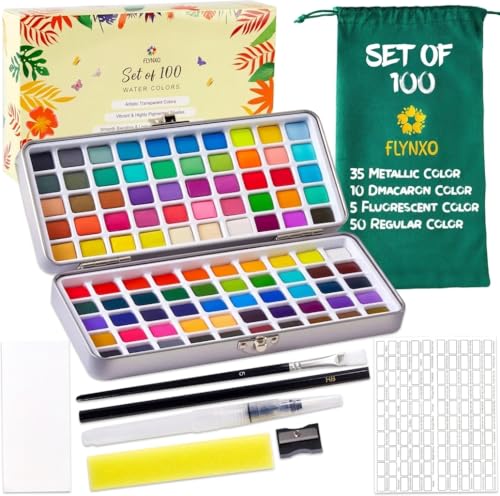Professional Watercolor Paint Set - 100 Colors Travel Art Kit | Includes 6 detail brushes, water brush pen, nylon brush, sponge, swatch sheet, and supplies for adults, artists & students - style: Set of 100 colors