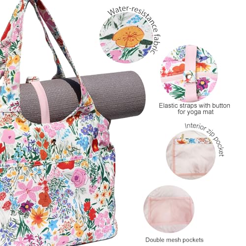 ESVAN Yoga Tote Bag Mat bag Women Shoulder Bags Carryall Tote for Travel Office Workout Gym Nurse Beach - color: Canvas Pink Flower