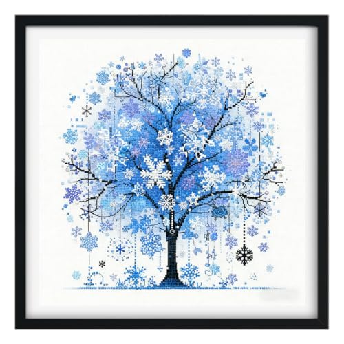 Zhenqing Blue Tree of Life Stamped Cross Stitch Kit for Beginners, 11CT Printed 11.8 x 11.8 Inch Winter Snowflake Happiness Tree Pattern with Embroidery Floss, 2 Needles and English Instructions - color: Blue Winter Tree of Life