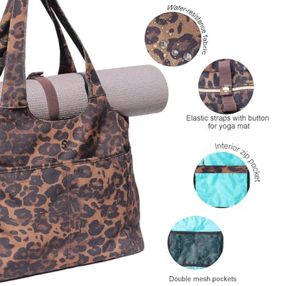 ESVAN Yoga Tote Bag Mat bag Women Shoulder Bags Carryall Tote for Travel Office Workout Gym Nurse Beach - color: Canvas Brown Leopard Print