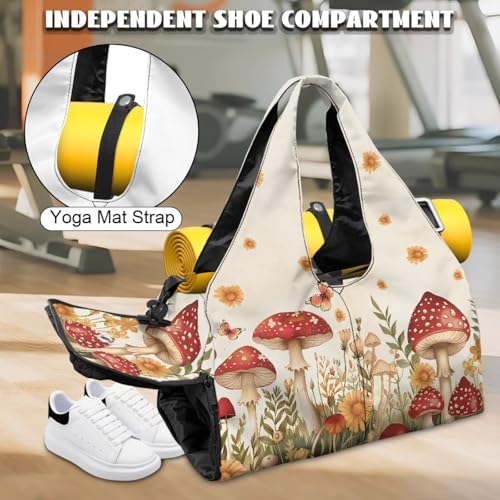 Gym Bag with Yoga Mat Holder Large Tote Bag With Multi Pockets for Women Men Dry Wet Separated Pocket Carryall Yoga Tote Bag for Pilates Travel Workout Office - color: Mushroom