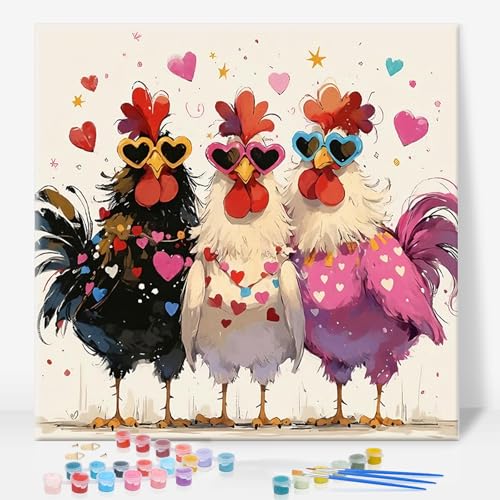 Framed Paint by Numbers Kit for Adults, Funny Chickens, 10 x 10 Inch | DIY Adult Paint by Number Kit for Beginners, Farmhouse Wall Decor, Stress Relief Craft Gift, Creative Hobby - color: TRTD1PF305