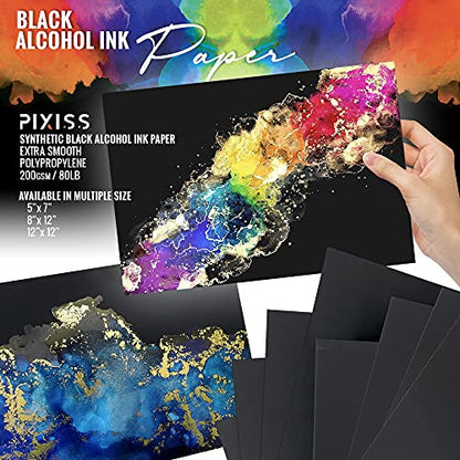 Black Alcohol Ink Paper - 25 Sheets Pixiss Heavy Weight Art Paper for Alcohol Ink & Watercolor - Extra Smooth Synthetic Paper A4 12x12 inches, 300gsm - size: 12x12 (25 Pack)
