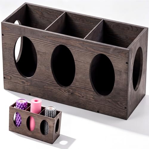 Sintuff Vintage Wood Yoga Mat Holder Storage Organizer Floor Standing Foam Roller Holder Rack for Home Yoga Mats Gym Sports Exercise Accessories Dumbbell Resistance Bands - color: Vintage Gray, style: 3 Slot