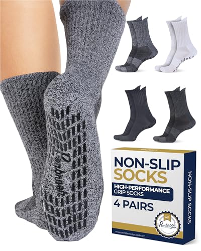 Pembrook Non Slip Crew Grip Socks Men & Women - 4 Pairs | Non Slip Socks for Elderly, Hospital, Pilates, Yoga, Barre, Home - color: Black, White, Light Gray, Dark Gray - 4 Pairs, size: Medium