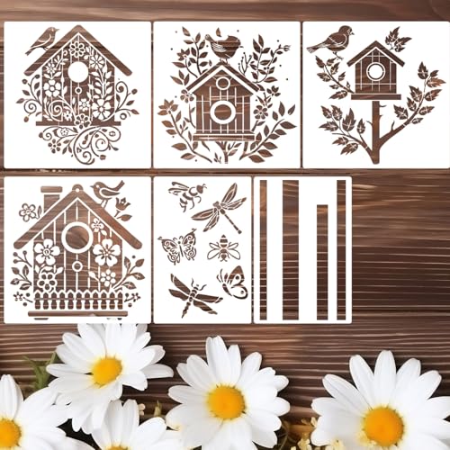 Large Stencils for Painting Walls Bird House Stencil | Reusable Stencil for Wood Fence Room Wall Window Glass - style: Bird House