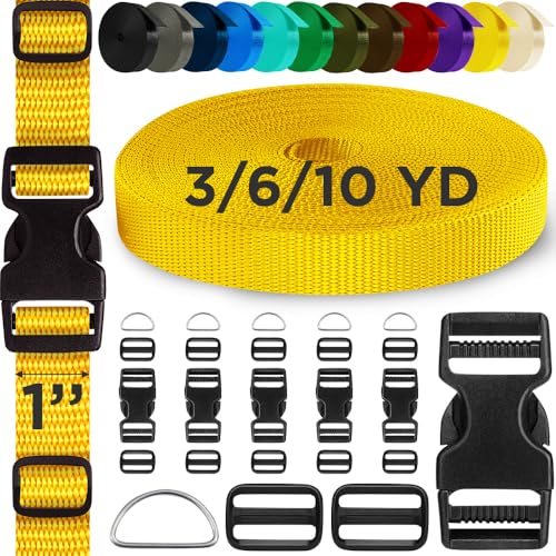 TECEUM 1" Nylon Strap Kit with Buckles, Honey Yellow 6 yards Repair Set | Heavy duty hardware kit: 6yd webbing, 6 quick release buckles, 12 tri-glide slide clips, 6 metal D-rings for crafting. - color: Honey Yellow, size: 1" - 6 yards, style: 6 Buckle - 1