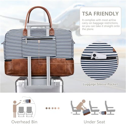 Large Women Travel Weekender Bag: Carry on Duffle with Shoe Compartment | Overnight Duffel Bags with Wet Pocket, Crossbody & Toiletry Bag, 3PCS Womens Traveling Tote Set for Hospital Gym Weekend Trip - color: Blue Striped