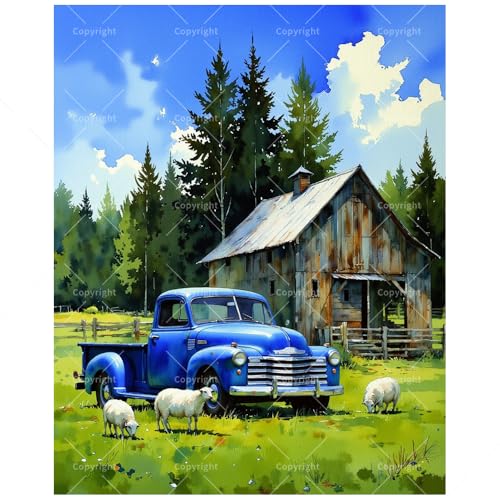 TAOPAOLAB Farm Scene with Blue Truck Paint by Numbers Kit for Adults – DIY Old Truck and Sheep by Barn Painting on Canvas 8x12In, Framed Acrylic Paint Set for Beginners, Art for Home Decoration/Gifts - color: FM05950, size: 8×12in Framed