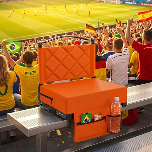 Stadium Seats with Back Support and Cushion Thick Padded Bleacher Chairs with Shoulder Strap, Portable Folding Stadium Seat Chairs for Bleacher Includes Cup Holder and Side Pocket, Orange - color: With Pocket-orange, size: 1pcs