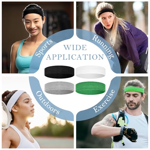 4 Pack Cotton Terry Sweat Headbands for Men Women Running Gym - color: Black/Gray/Green/White