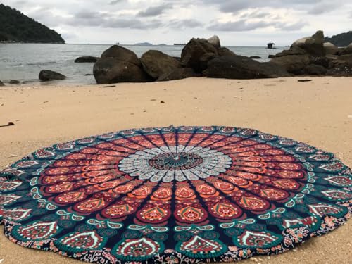 raajsee Navy Blue Mandala Round Beach Tapestry Hippie/Boho Mandala Beach Blanket Roundie/Indian Cotton Throw Bohemian Round Table Cloth/Home Decor/Yoga Mat Meditation Picnic Rugs 50 Inches Circle