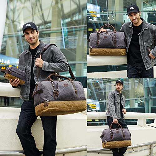 Nerlion Weekender Bag with Shoe Compartment Large Overnight Bag for Men Canvas Genuine Leather Carry on Luggage Bag Travel Duffel Bag(Gray) - color: Gray
