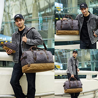 Nerlion Weekender Bag with Shoe Compartment Large Overnight Bag for Men Canvas Genuine Leather Carry on Luggage Bag Travel Duffel Bag(Gray) - color: Gray