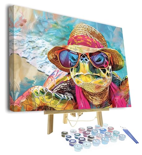 Adult Paint by Number Kit on Canvas - Turtle Wearing Hat and Sunglasses - DIY Color by Number With Frame, 16 x 20 Inch - color: Turtles-Framed