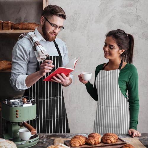 Apron with Pockets, 32x28 inch, 2 Pack, Striped | Black Grey Stripes Adjustable Bib with Pockets for Women Men Couple Lovers Chef Home Baking Gardening - color: Black Grey Stripes