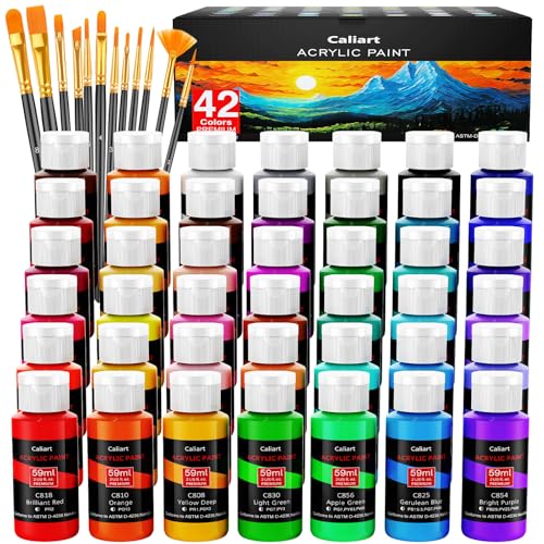 Caliart 42 Colors Acrylic Paint Set with 12 Brushes | Craft Painting kit for Adults Artists Beginners, Rich Pigment Non-toxic, Canvas Wood Rock Pumpkin Ceramic Art Supplies Paint - color: Regular, size: 2 Fl Oz (Pack of 42)