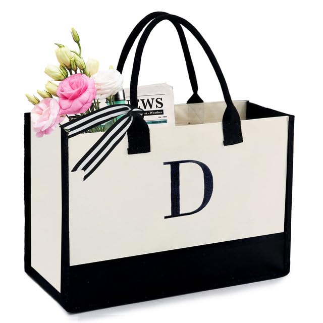 BeeGreen Embroidery Monogram Initial Tote Bag for Women Teacher Mom Friend Personalized Gift for Birthday Beach Work Wedding - color: Natural & Black, style: D